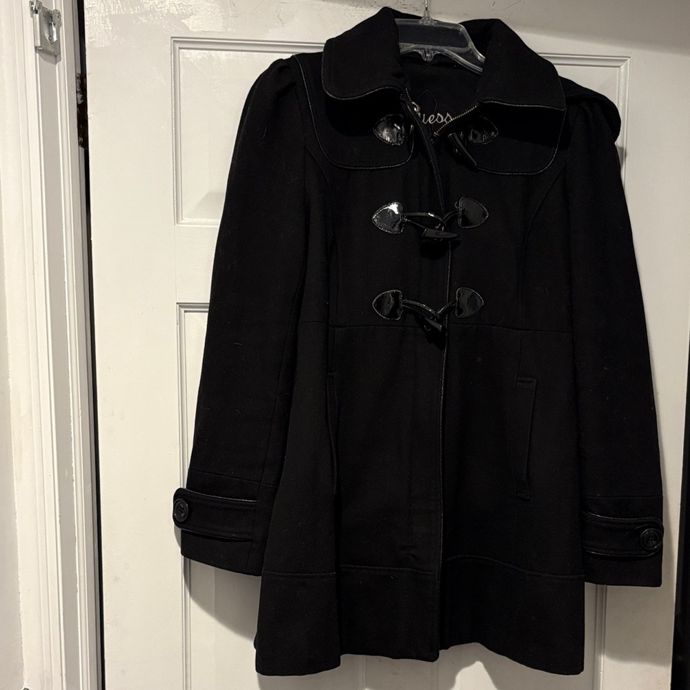 Guess Women's Black Pea Coat with front zipper and Toggle Closure and hood